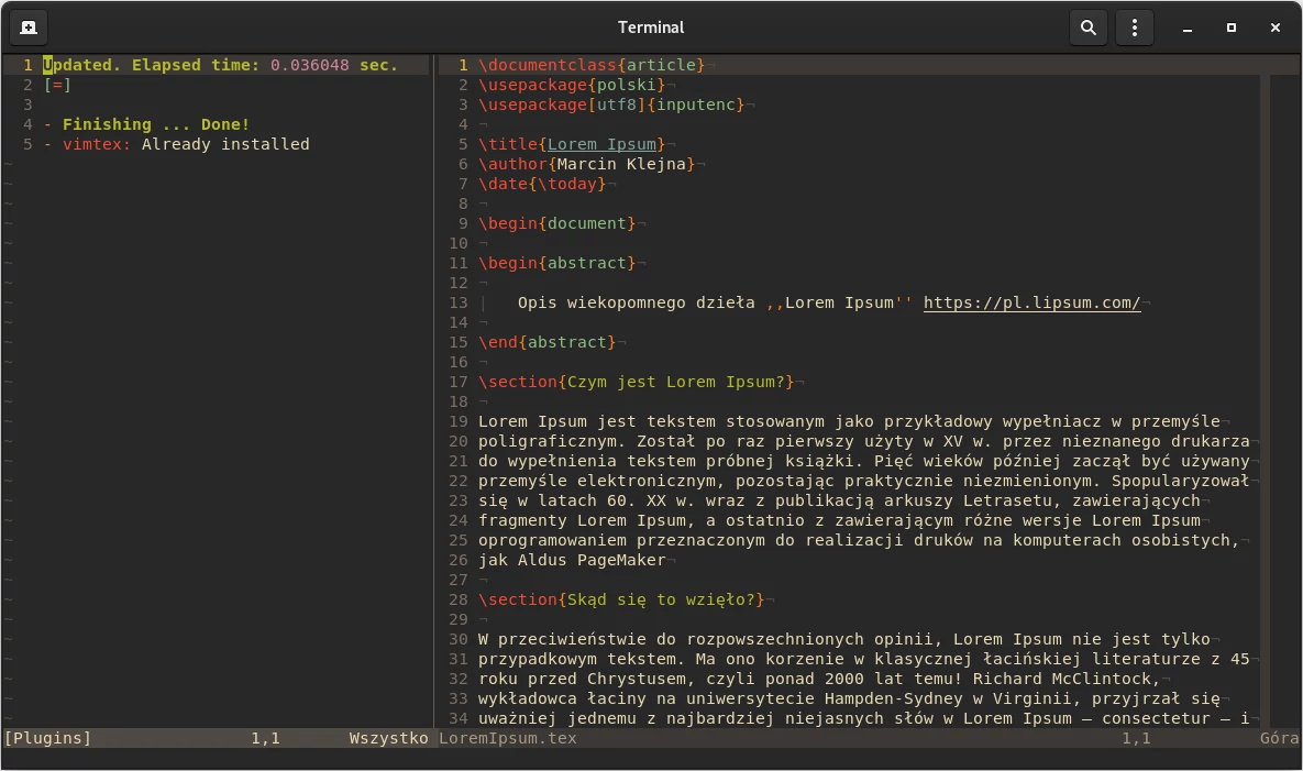 Pomyślnie zainstalowano <code>vimtex</code>